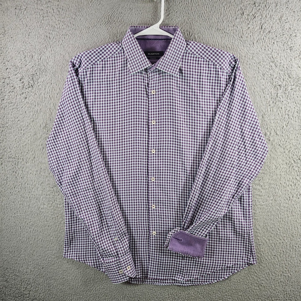 Bugatchi Mens Purple Gingham Check Long Sleeve Button Down Shirt Shaped‎ Fit L